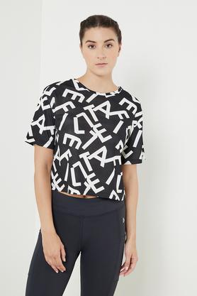 printed regular fit polyester women's active wear t-shirt - black