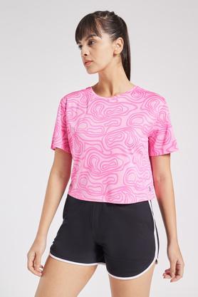 printed regular fit polyester women's active wear t-shirt - pink
