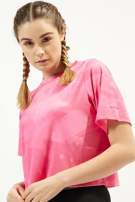 printed regular fit polyester women's active wear t-shirt - pink