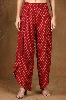 printed regular fit rayon women's fusion dhoti pants - maroon
