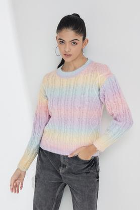 printed round neck blended women's pullover - multi