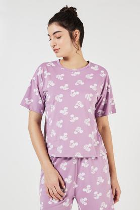 printed round neck cotton women's casual wear sleep tops & shirts - mauve