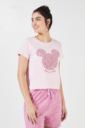 printed round neck cotton women's casual wear sleep tops & shirts - pink
