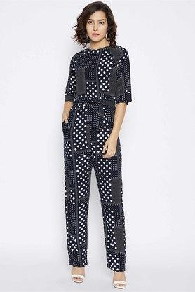 printed round neck lyocell women's jumpsuits - navy
