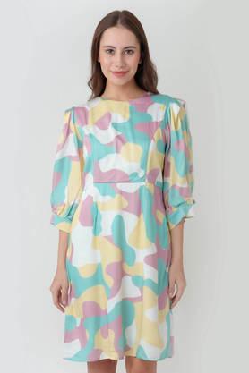 printed round neck polyester women's dress - off white
