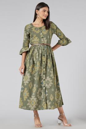 printed round neck rayon womens maxi dress - olive