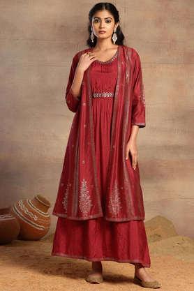 printed round neck viscose women's ethnic dress - red