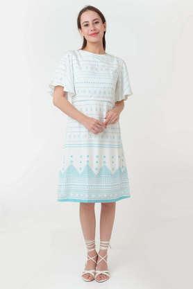 printed round neck viscose women's mini dress - white