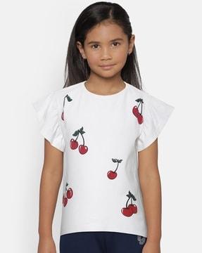 printed round-neck t-shirt with ruffled sleeves