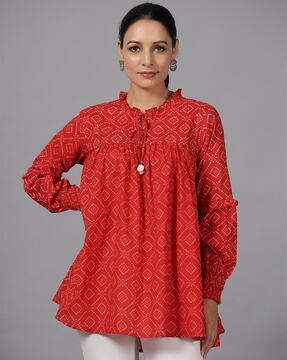 printed round-neck top with drawstring