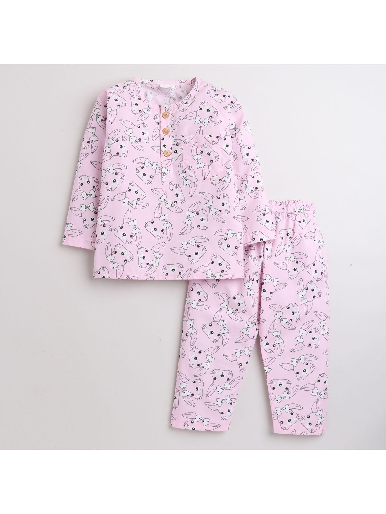printed shirt round neck & full sleeve paired with a pyjama pink (set of 2)
