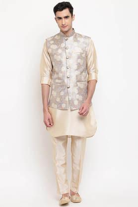 printed silk blend regular fit men's kurta - fawn