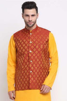 printed silk blend regular fit men's nehru jacket - maroon