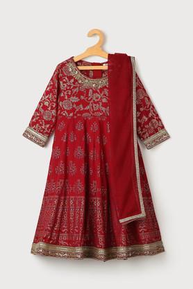 printed silk regular fit girls kurta dupatta set - red