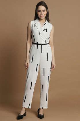 printed sleeveless polyester women's ankle length jumpsuit - white