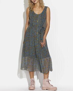 printed slim fit a-line dress with waist tie-up