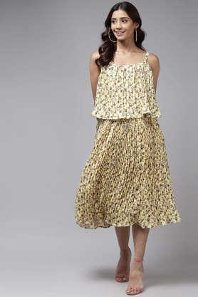 printed square neck georgette women's calf length dress - yellow