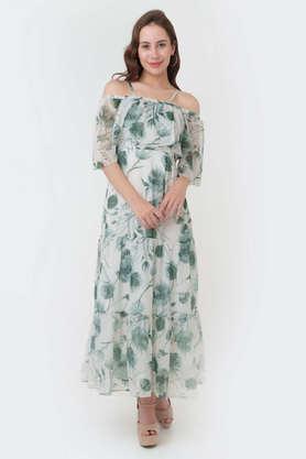 printed square neck polyester women's maxi dress - off white