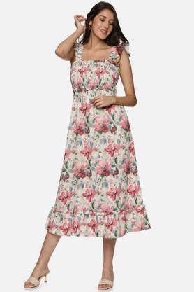 printed square neck polyester women's midi dress - multi