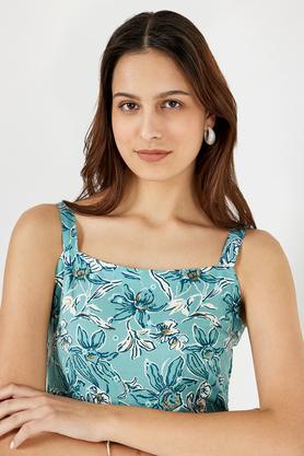 printed square neck rayon women's ethnic dress - blue