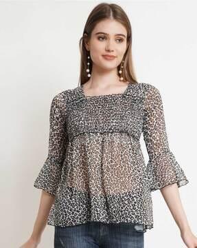 printed square-neck top with flounce sleeves