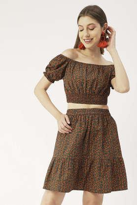 printed summer 2 pcs set for women off-shoulder crop top - mini skirt coord set - green