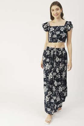printed summer coord set for womens viscose rayon 2 pcs set crop top and skirt set - navy