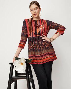 printed tunic with tie-up tassels