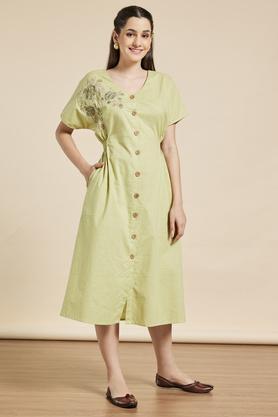printed v neck cotton blend women's midi dress - mint