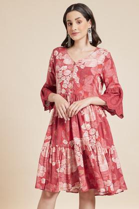 printed v neck cotton blend women's midi dress - rust