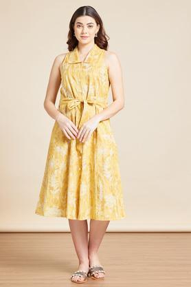 printed v neck rayon women's midi dress - mustard