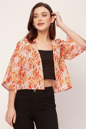 printed v-neck cotton women's casual wear jacket - orange