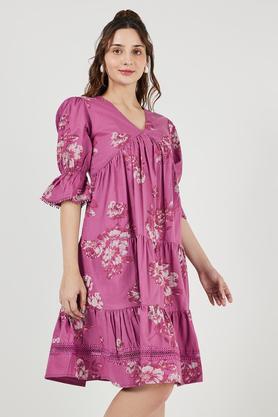 printed v-neck cotton women's ethnic dress - purple