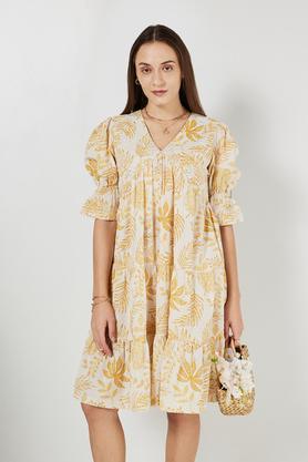 printed v-neck cotton women's ethnic dress - yellow