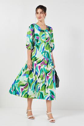 printed v-neck polyester women's calf length dress - green