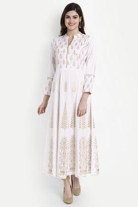 printed v-neck rayon women's ankle length dress - white