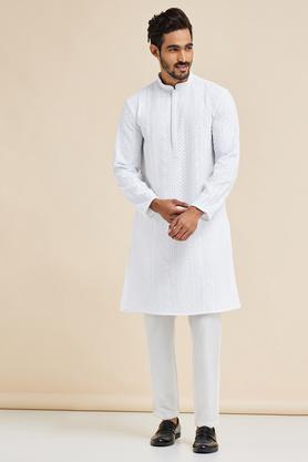 printed viscose blend men's festive wear kurta - white