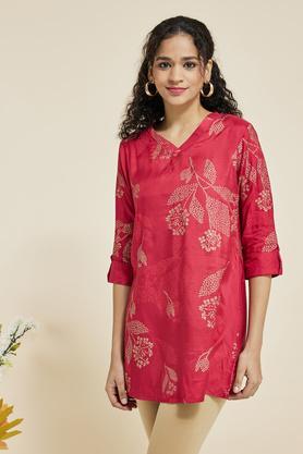 printed viscose collar neck womens casual wear tunic - red