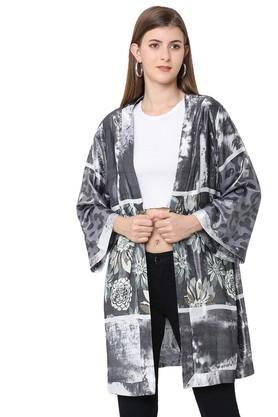 printed viscose rayon full sleeves women's kimono - silver cloud