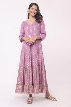 printed viscose relaxed fit women's ethnic dress - lilac