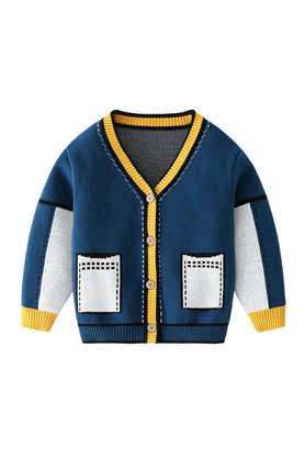 printed wool regular fit infant kids cardigan - blue