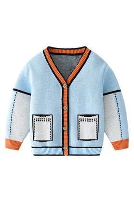 printed wool regular fit infant kids cardigan - blue