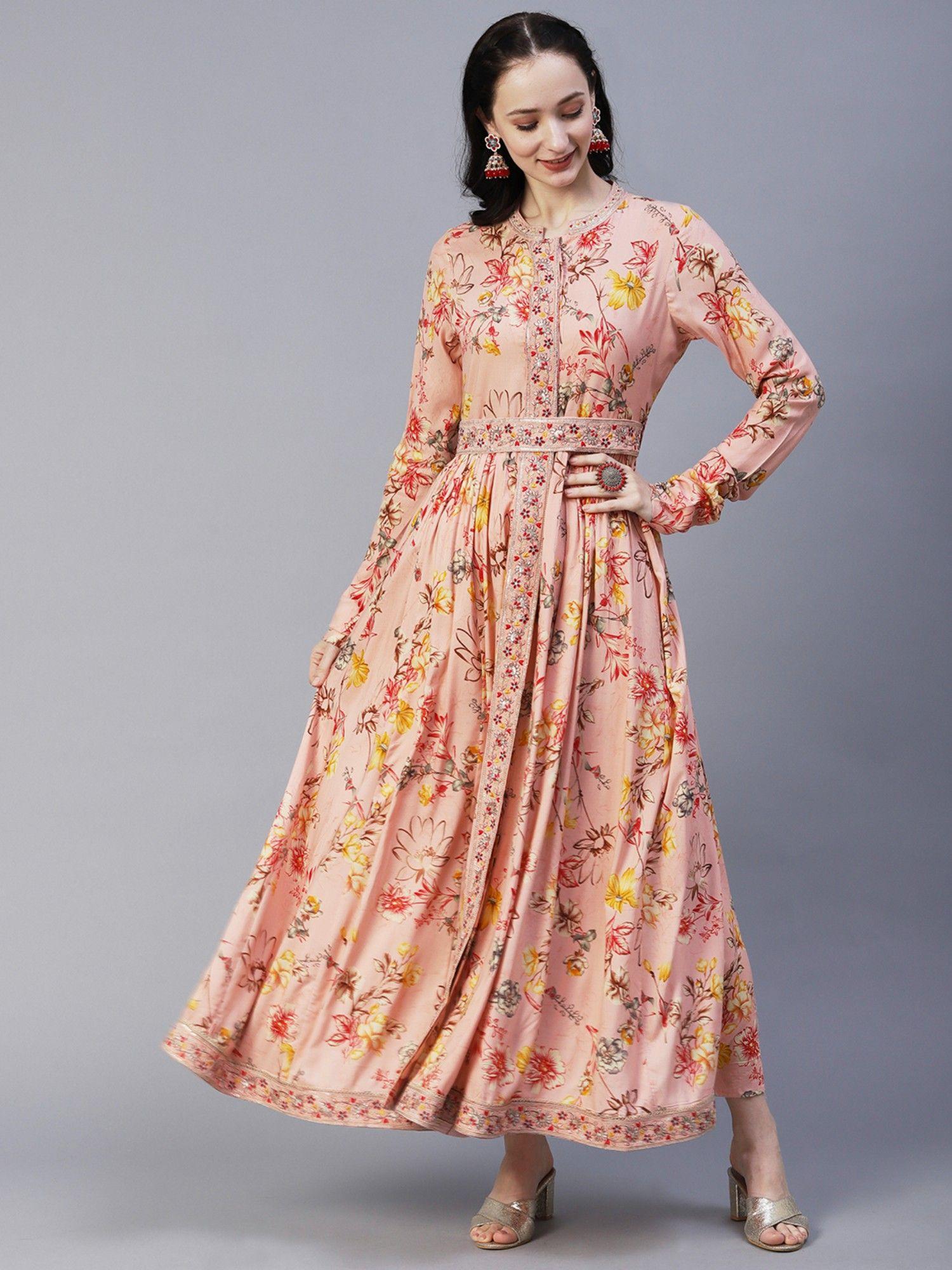 printed zari & resham maxi dress with embroidered belt-peach (set of 2)