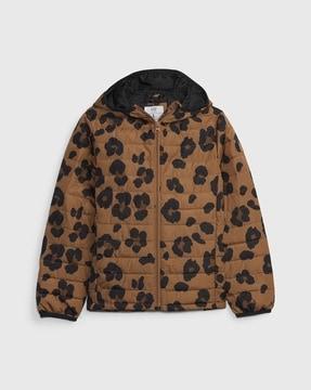printed zip-front hooded puffer jacket