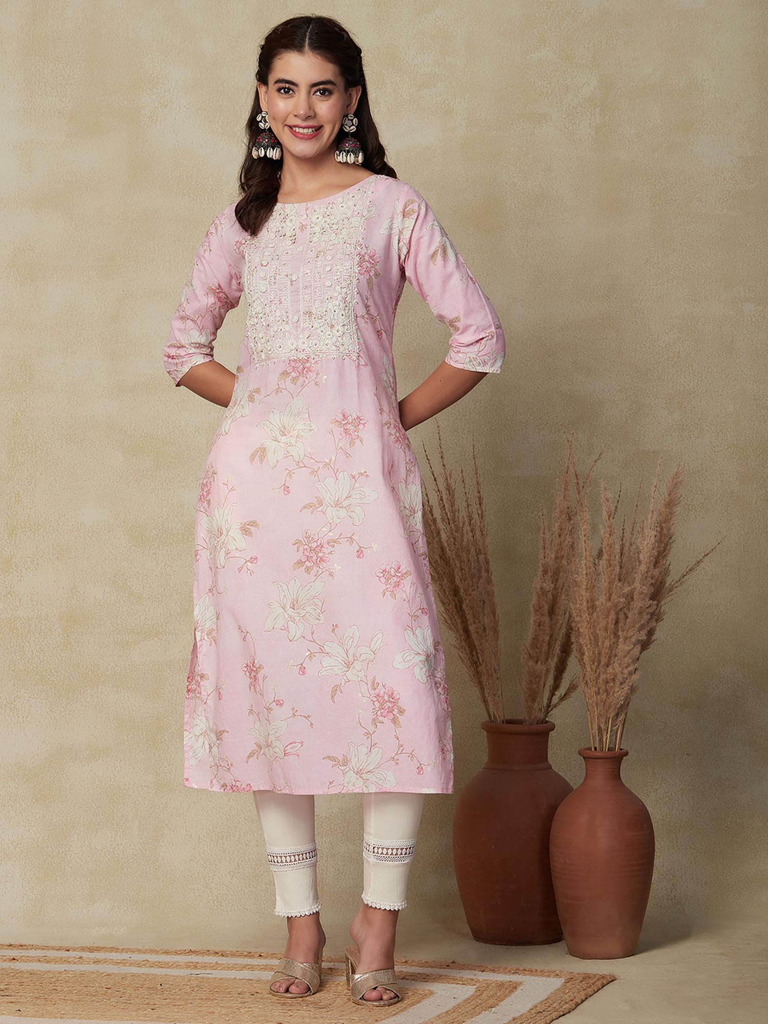 printed & chikankari embroidered kurta - pink