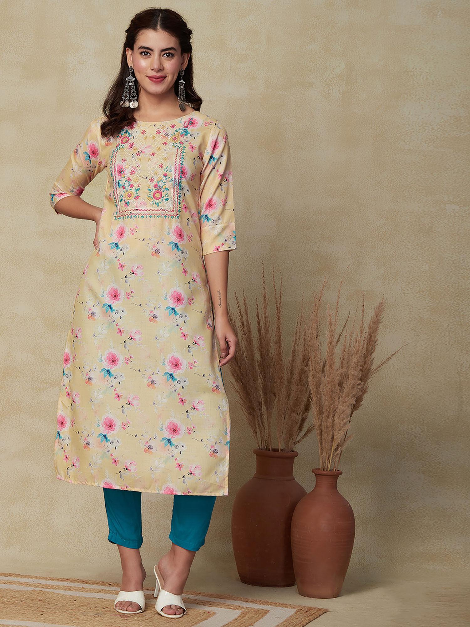 printed & chikankari embroidered kurta - yellow