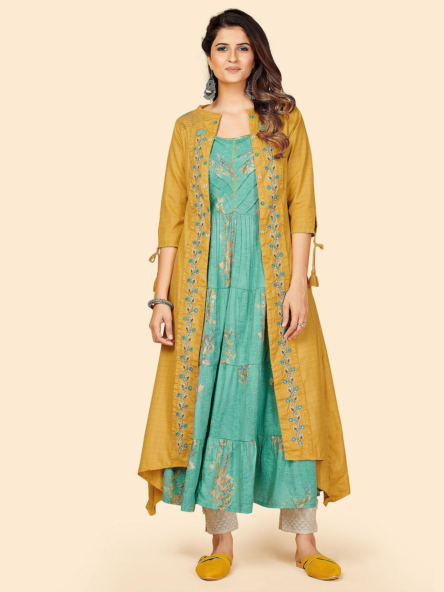 printed & embroidered anarkali muslin mustard stitched kurta & shrug (set of 2)