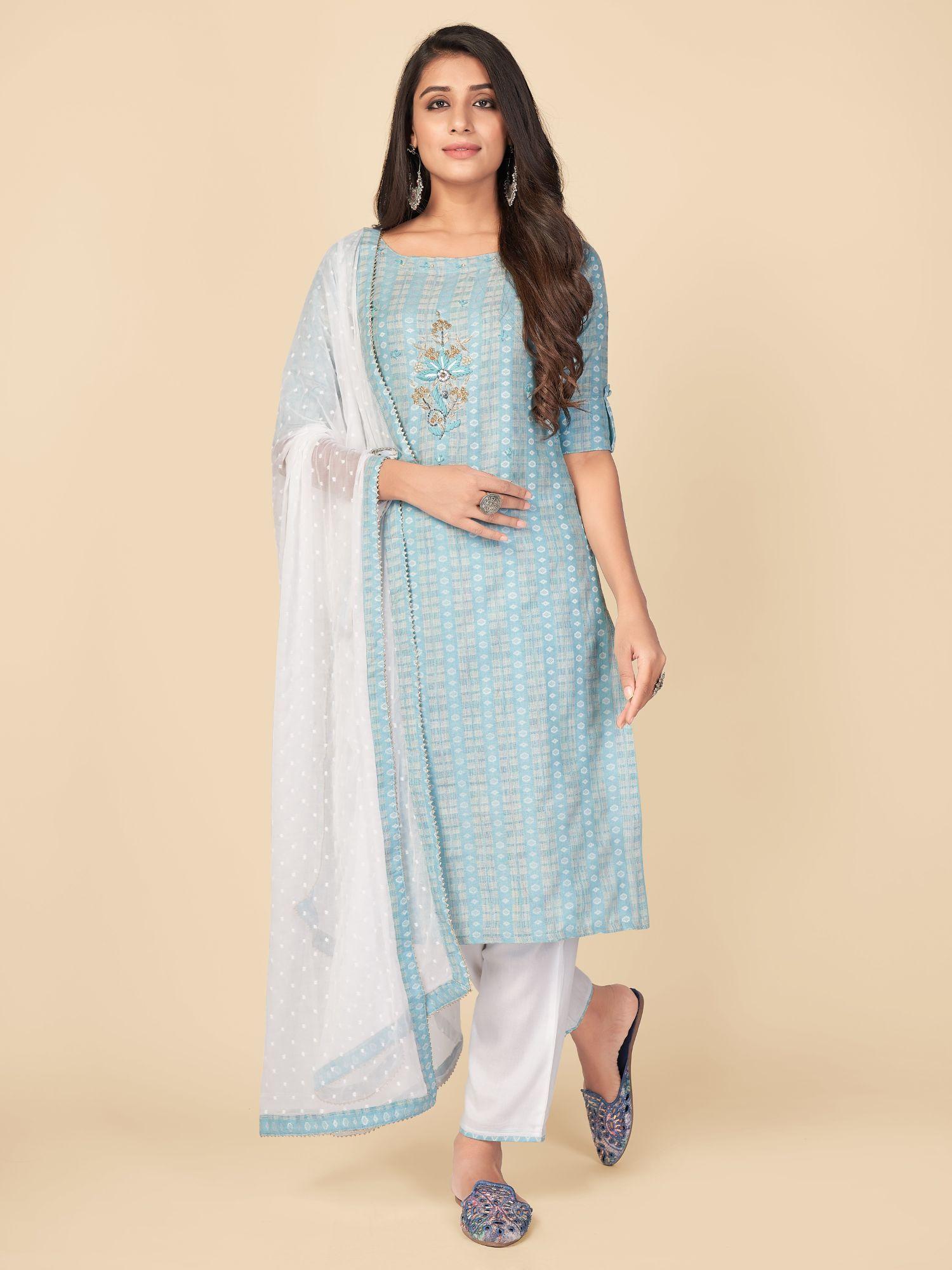 printed & embroidered cotton blue kurta pant with dupatta (set of 3)