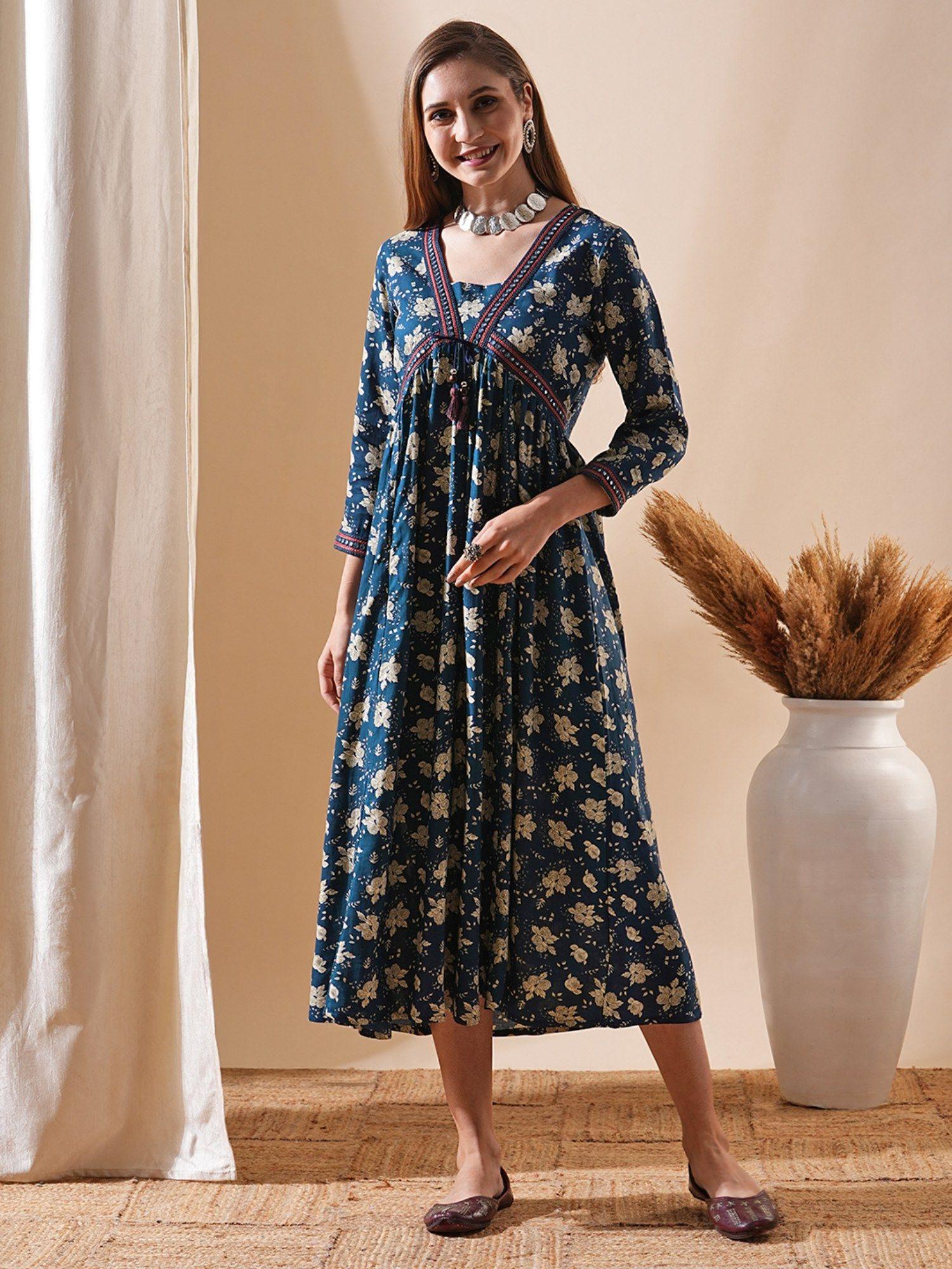 printed & embroidered pleated midi dress - blue