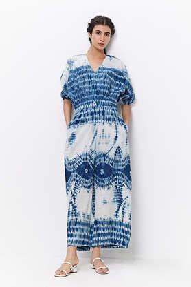 printed 3/4 sleeves cotton blend women's ankle length jumpsuit - blue